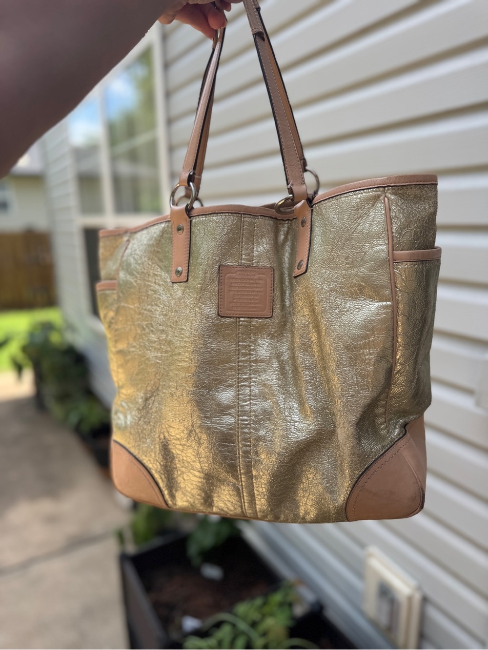 Coach Metallic Gold Tote with Tan Leather Trim